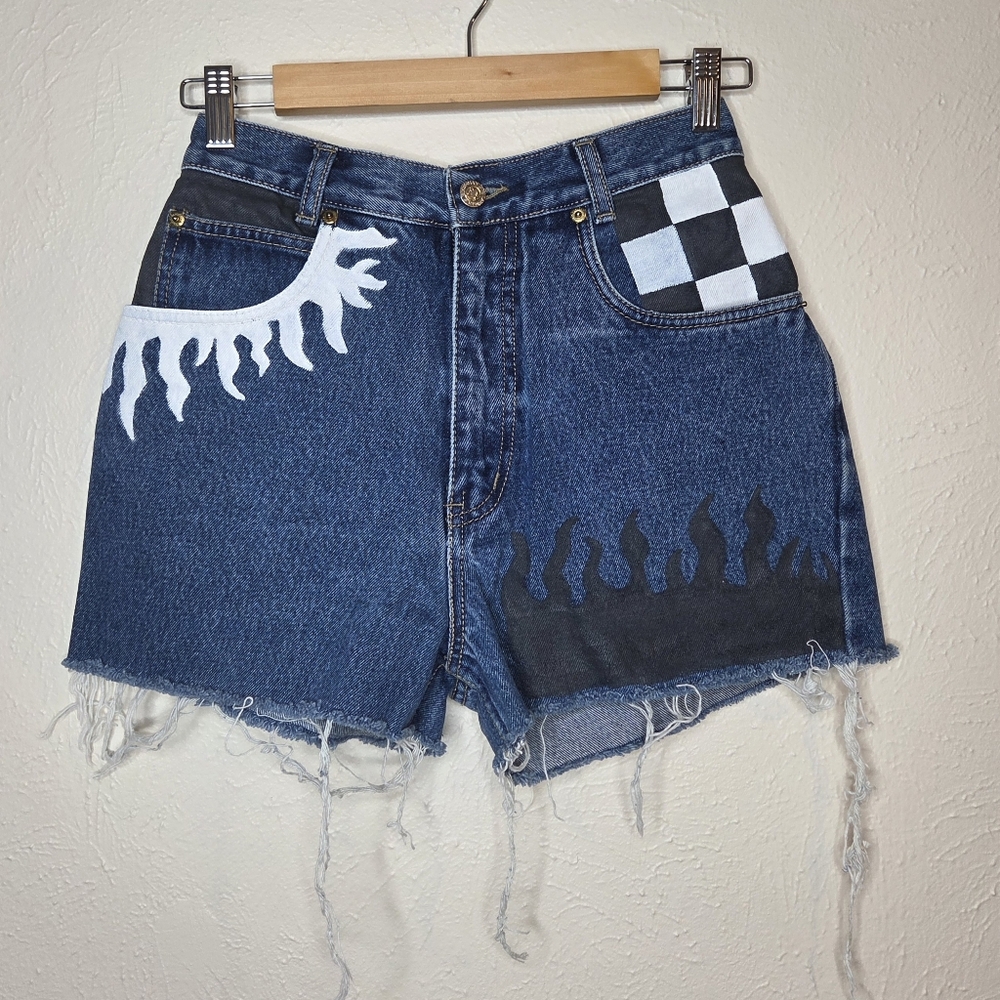 Lawman Hand Painted Western Denim Cutoff Shorts Flame Checkerboard Size 5
